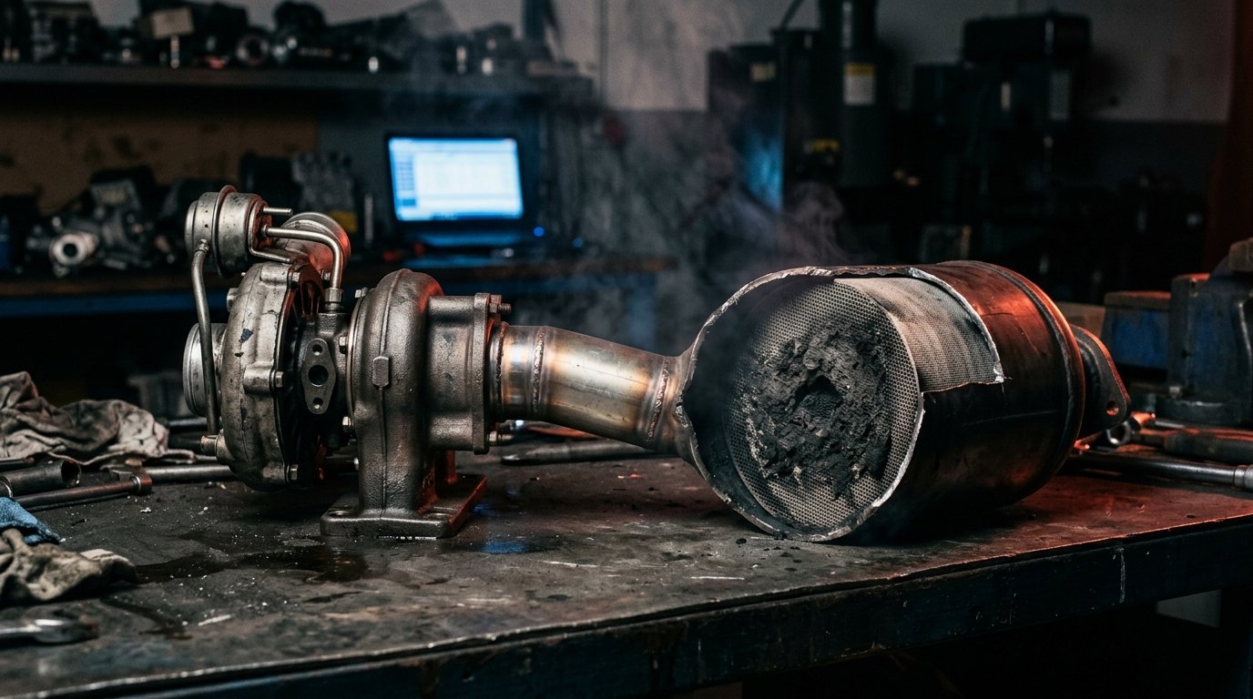Turbină conectată la un DPF secționat, al cărui miez este înfundat cu funingine și cenușă